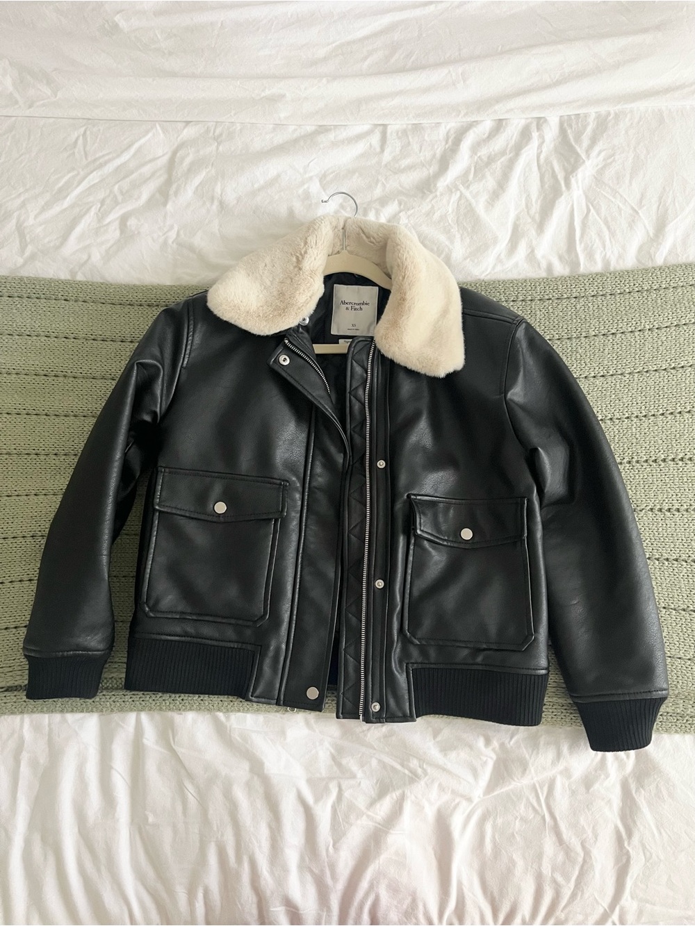 Abercrombie & Fitch Vegan Leather Bomber Jacket with Cream Shearling Collar